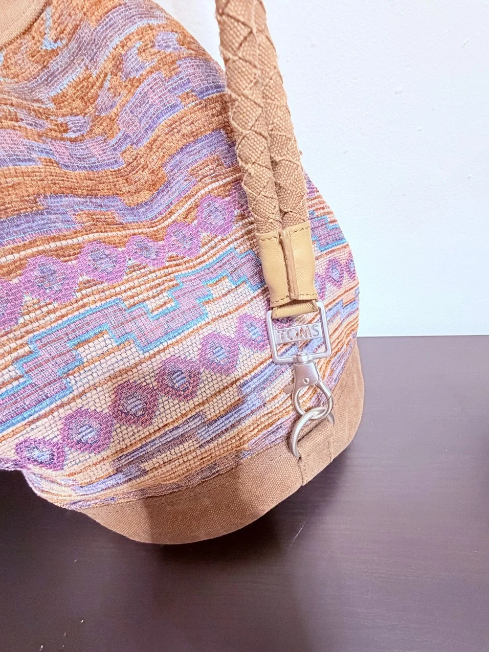 TOM Boho Embroidered Drawstring Bucket Bag - Tan & Pastel